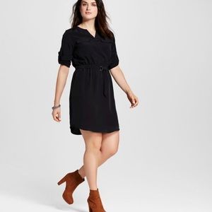 Black shirt dress with belt and pockets